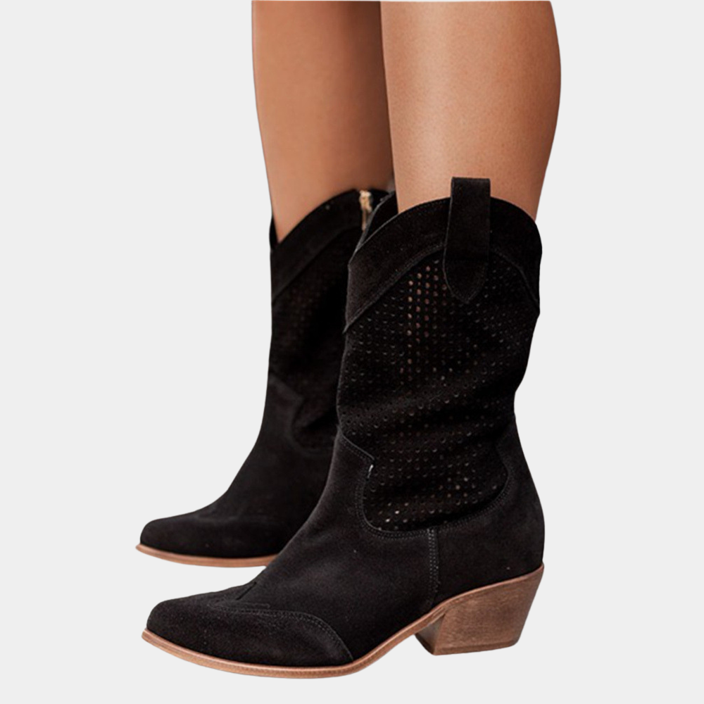 Naiste perforeeritud kauboisaapad plokk-kontsaga – ümar nina